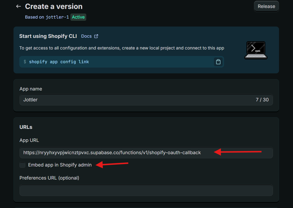 Configure Shopify app settings