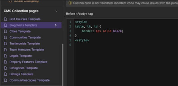 Webflow custom CSS location